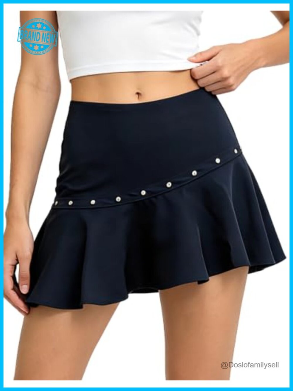 Women's Ruffle Mini Skirt Asymmetric Hem Rivet Accent Low Rise